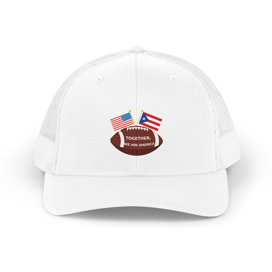 "Together, We Are America" Puerto Rico & USA Football Trucker Hat – Dual Heritage Snapback Cap